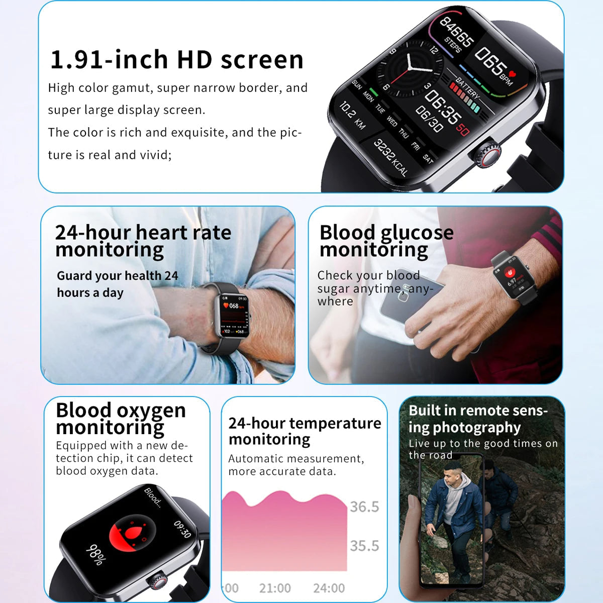Blodglukosmätning Smartwatch | Smart klocka för icke-invasiv blodglukostestning Carvallo
