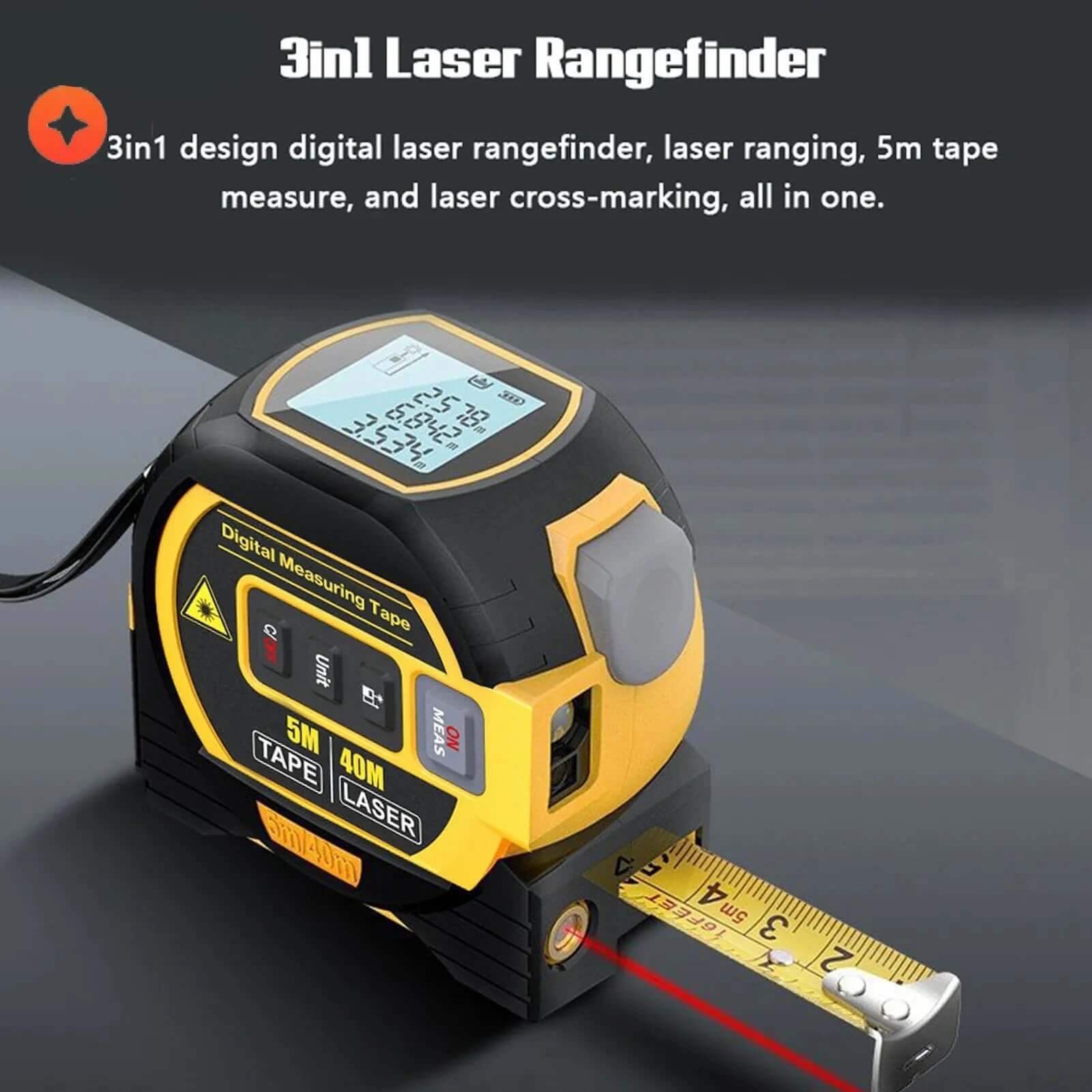 Royallure Digital Laser Avståndsmätare med Måttband Funktion – Bakgrundsbelyst, 100m Räckvidd, Minnesfunktion Carvallo