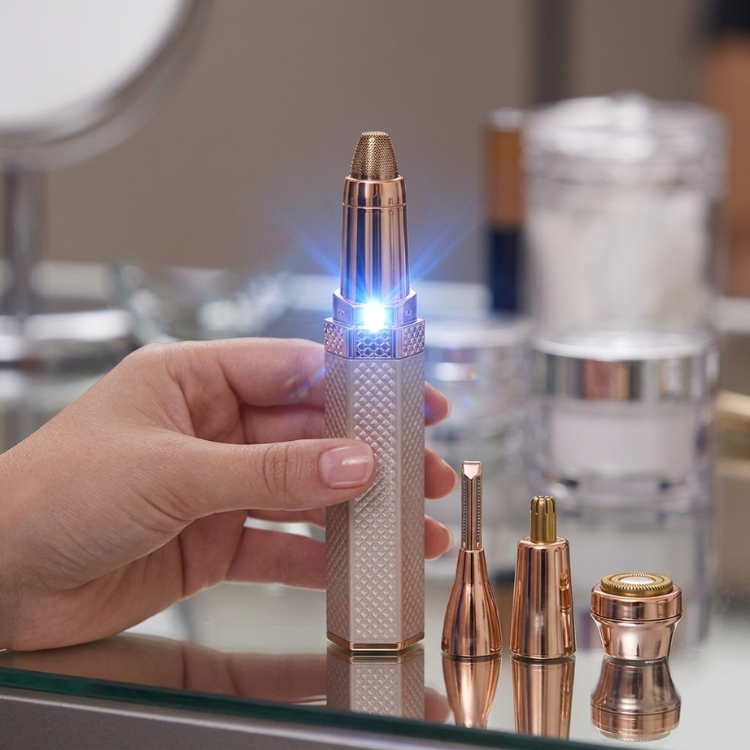 Hand som håller 4-i-1 ansiktstrimmer med LED-belysning och roséguld huvuden upplagda på spegelyta i badrum