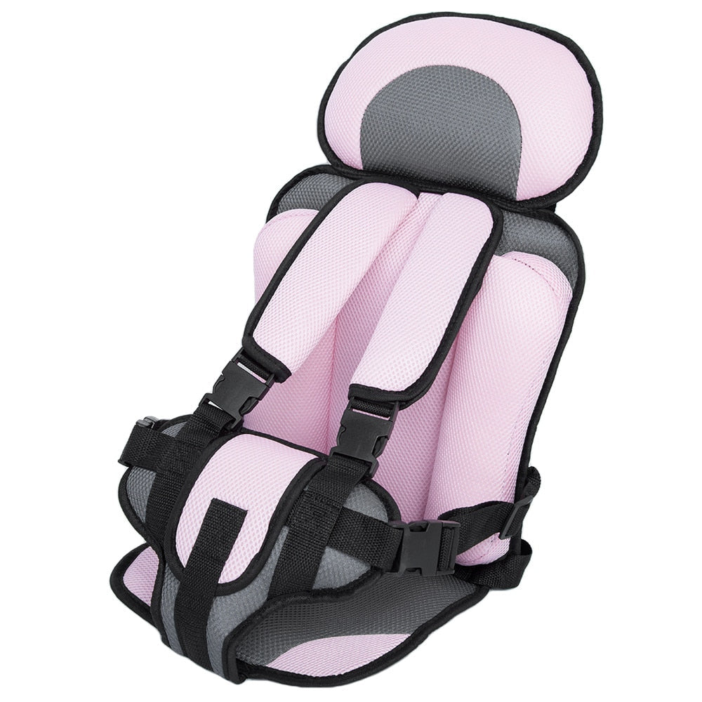 Rosa und grauer Kindersitz, tragbar, sicher, verstellbar, ideal für Reisen und Autosicherheit.