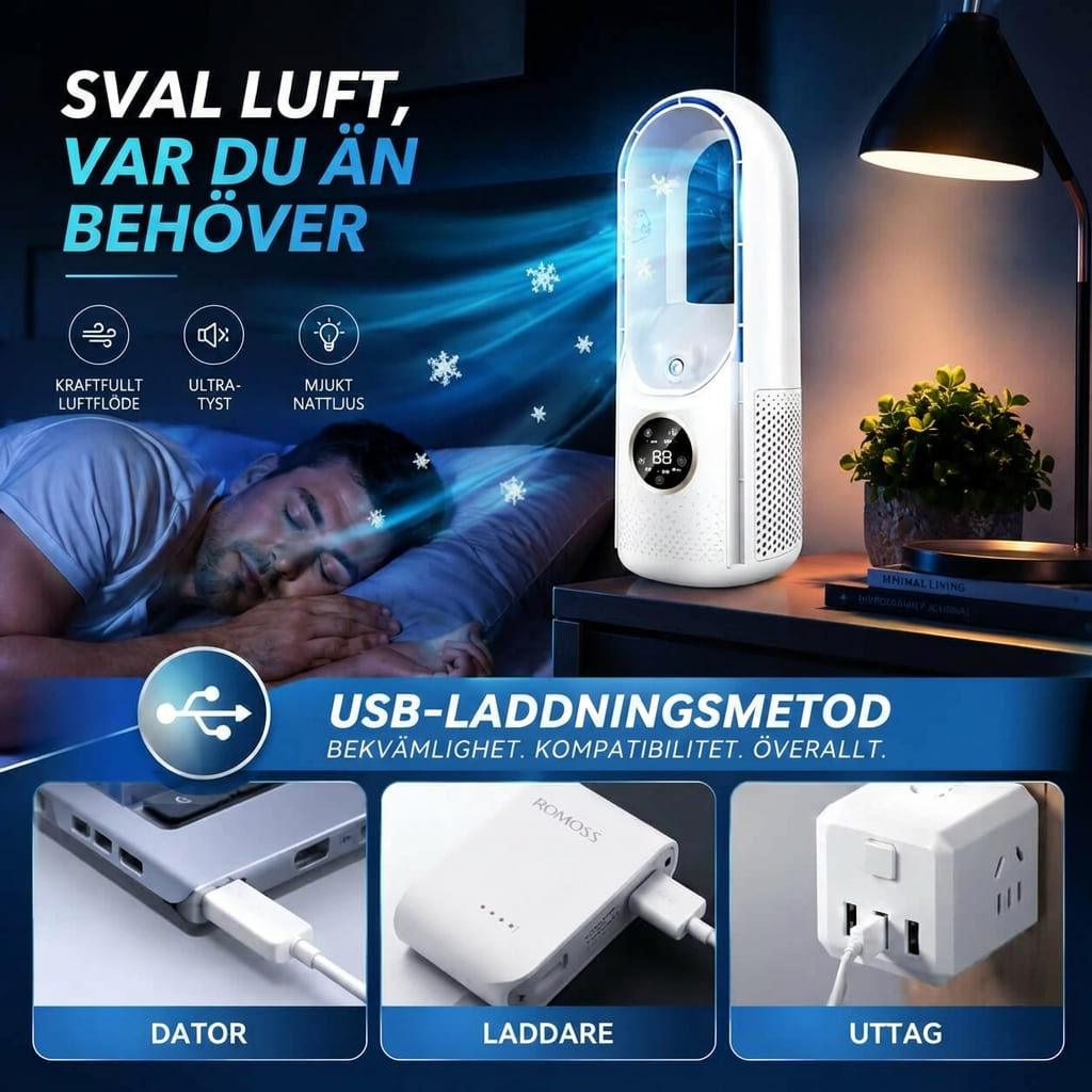 Fläkt | Bladlös ståfläkt | Tyst bordsfläkt för hem och kontor | Svalö