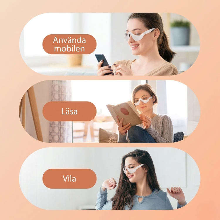 InfraRelief™ Ögonmassager i användning – tre scenarier: använda mobilen, läsa och vila, vit glasögonliknande design