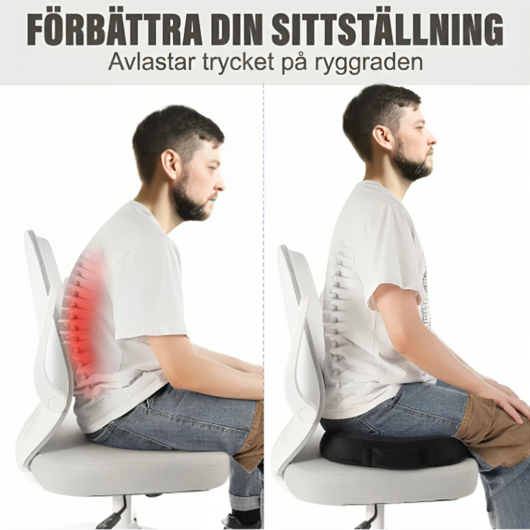 Jämförelsebild som visar man med och utan ergonomisk sittkudde – utan kudde syns röd markering av ryggbelastning, med kudde sitter han upprätt med förbättrad hållning