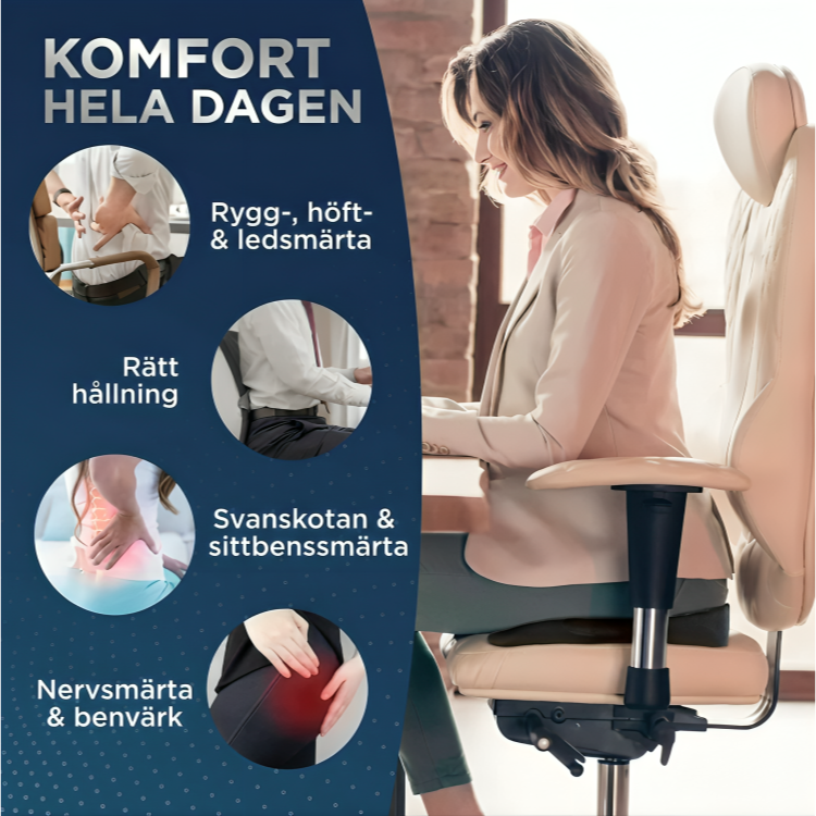 Infografik med texten Komfort hela dagen och rundbilder som illustrerar rygg-, höft- och ledsmärta, rätt hållning, svanskotan och nervsmärta, med kvinna som sitter bekvämt på kontorsstol