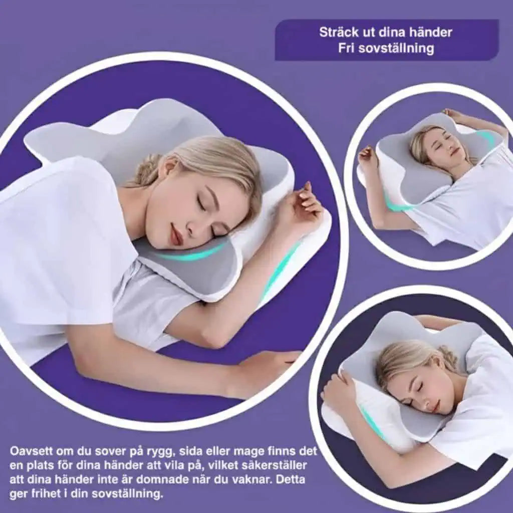 Person som sover på sidan och rygg med kudde som ger utrymme för armar och avslappnad sovställning